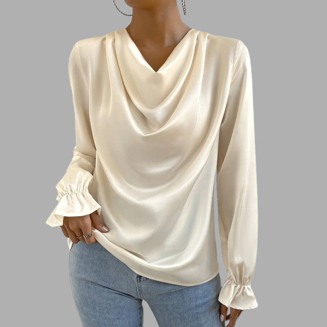 Women's Elegant Cowl Neck Long Sleeve Ruffled Cuffs Satin Blouse