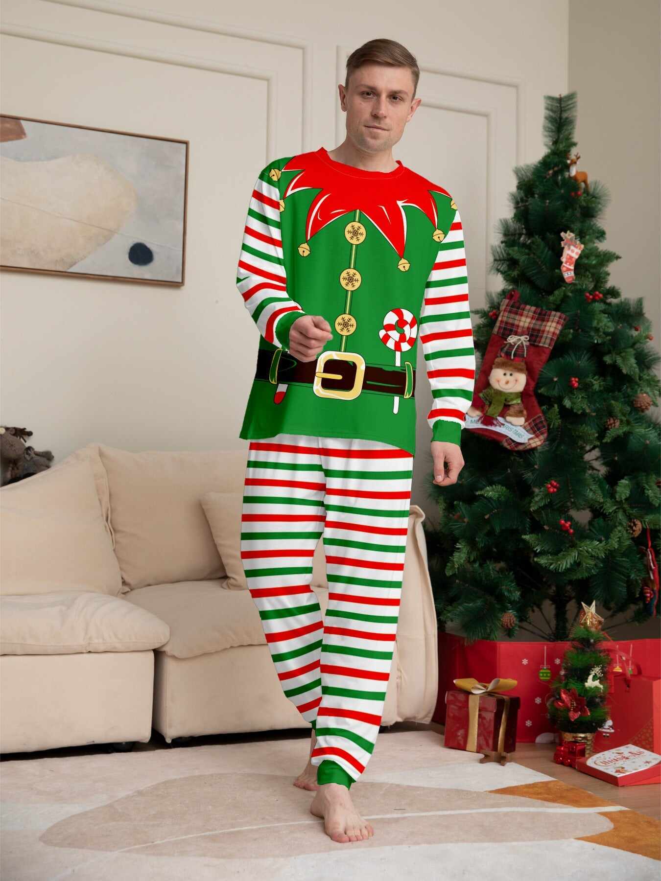 2024 3D Print Christmas Family Pajamas Red Green Striped Crutch Xmas Pajamas