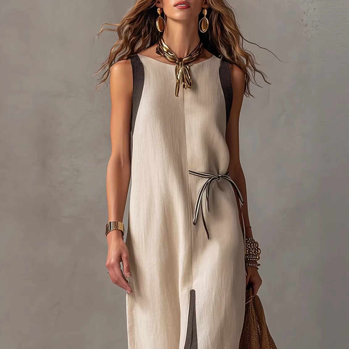 Bohemian Style Linen Contrast Color Sleeveless Lace-Up Long Dress