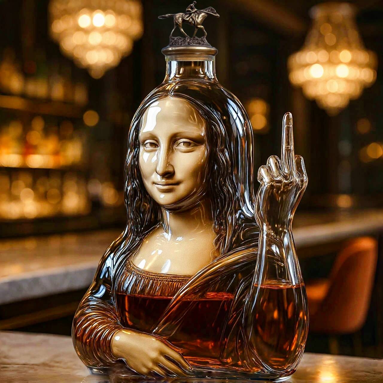 Funny middle finger Mona Lisa whiskey bottle