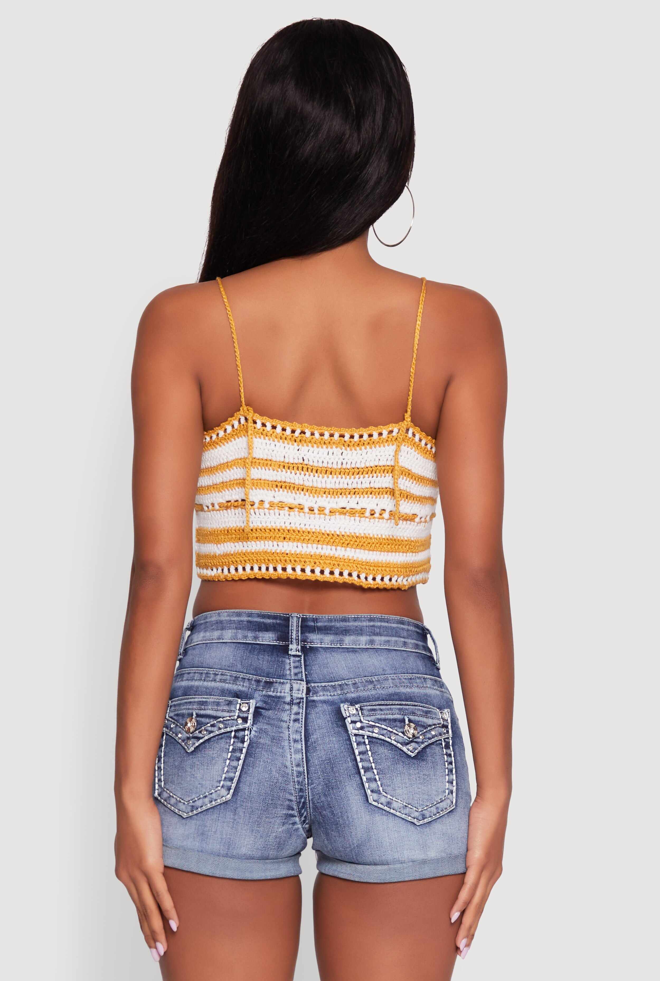 Trendy Crochet Striped Sleeveless Crop Top with Tassel Tie Front