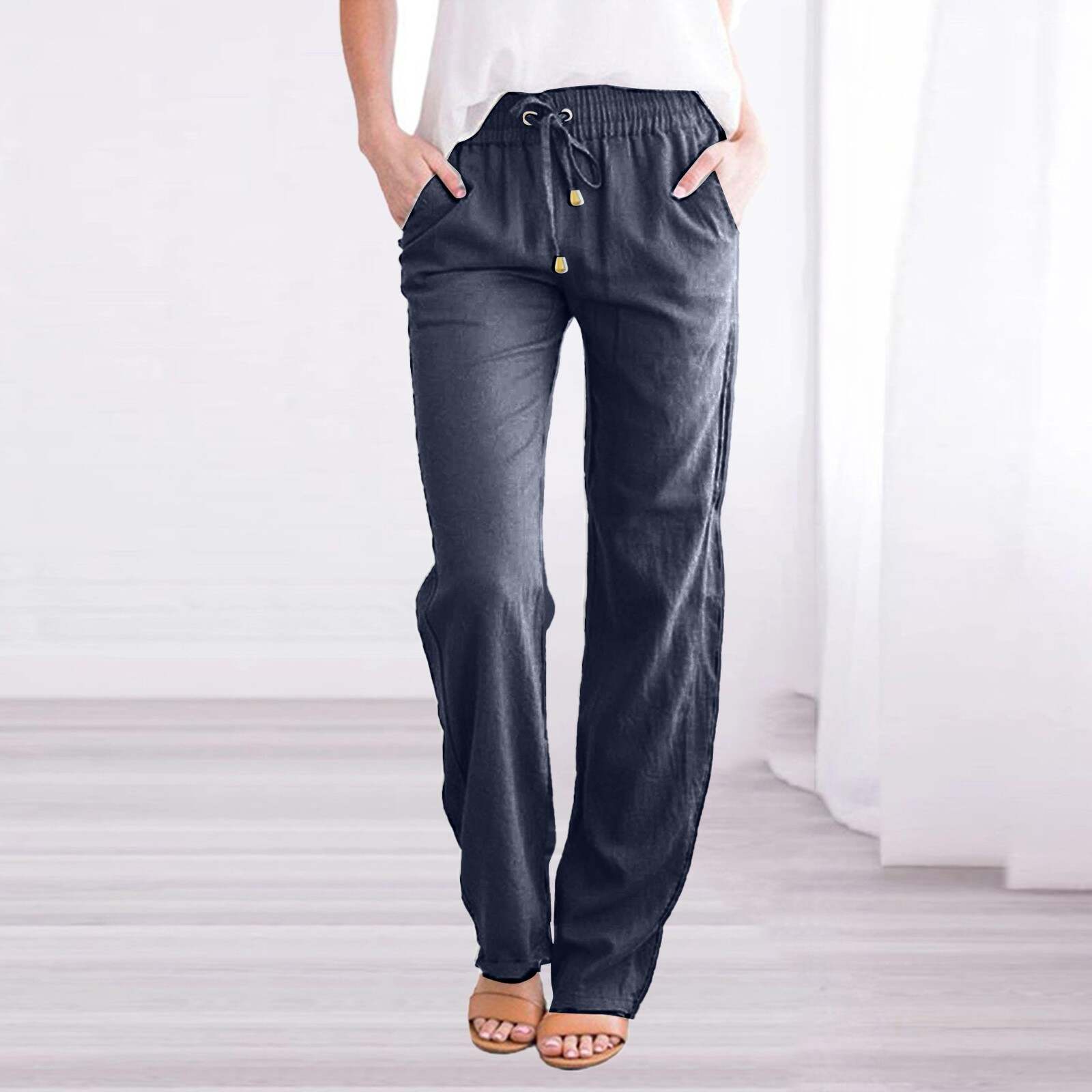 Solid Color Loose Drawcord Casual Wide Leg Pants