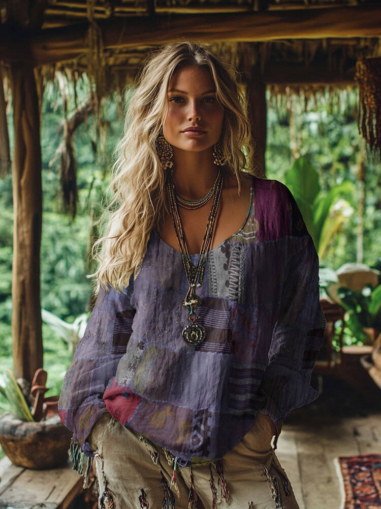 Retro Bohemian Resort Patchwork Art Print Cotton And Linen Blend Loose Blouse
