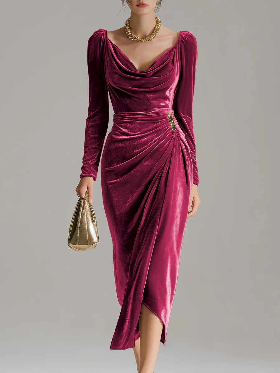 Elegant Pile Collar Velvet Midi Dress