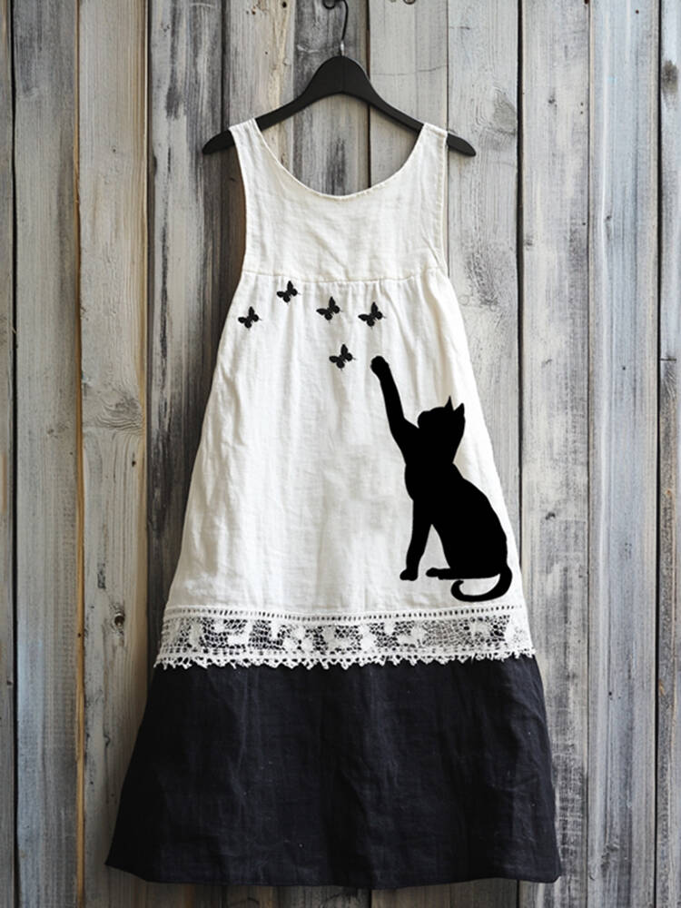 Vintage Abstract Creative Cute Black Cat  Play With Butterfly Art Linen Tank Dress