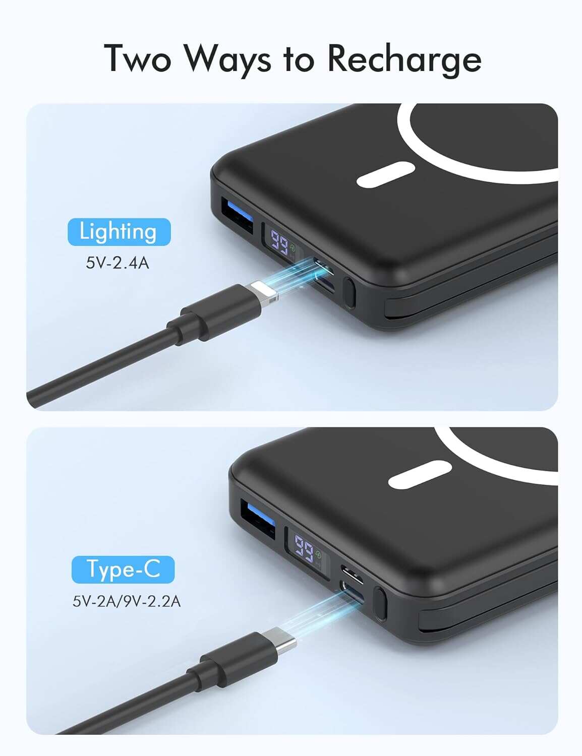 podoru Wireless Portable Charger, 10000mAh Magnetic Power Bank Built-in USB-C Lighting Cables 22.5W PD Fast Charging LED Display Mag-Safe Battery Pack for iPhone 15/14/13/12/Mini/Pro/Pro Max - White