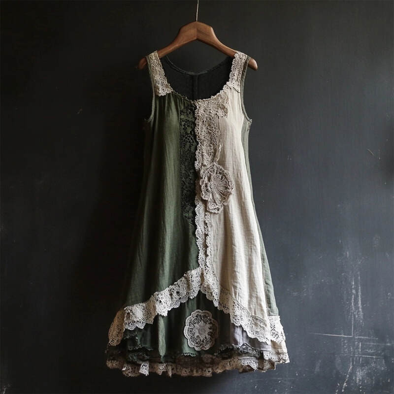 Vintage Lace Patchwork Comfy Linen Tank Dress