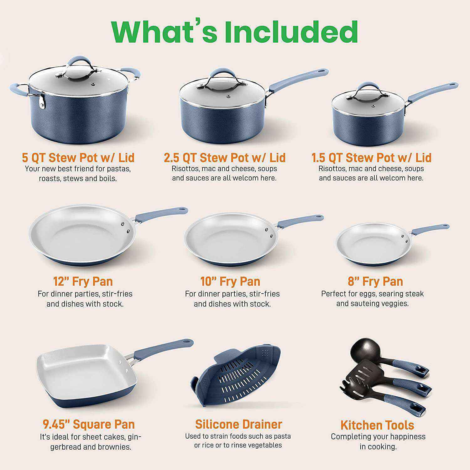 20-Piece Nonstick Kitchen PTFE/PFOA/PFOS-Free Heat Resistant Silicone Handles Cookware Bakeware Set w/Saucepan, Frying Pans, Cooking, Oven Pot, Lids, Utensil, -NCCW20SBLU, One Size, Navy