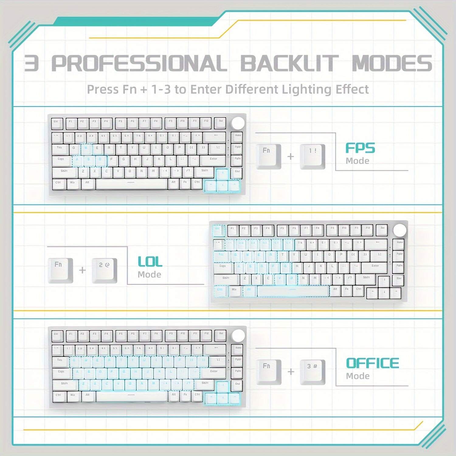 Wired Mechanical Gaming Keyboard 75% With Knob, Hot Swap, Gasket, Upgraded Socket& 5-Layer Noise Absorbing Foams, 82 Keys, Ice Blue Backlit, NKRO Blue Switch