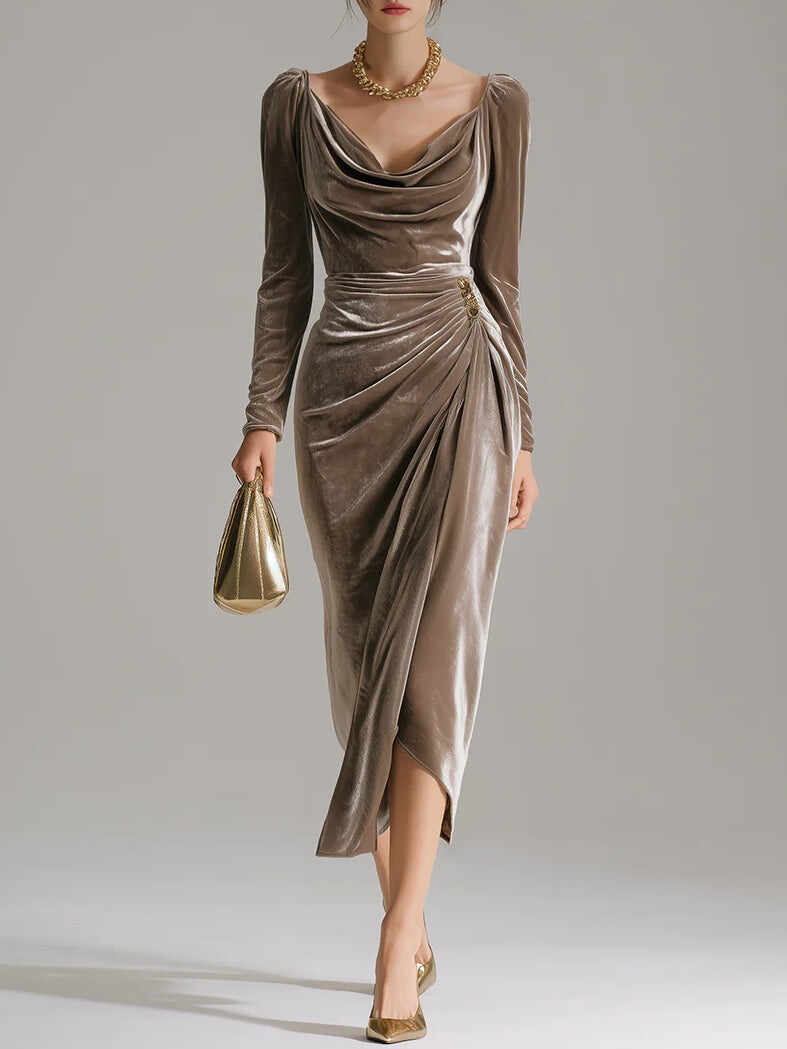 Elegant Pile Collar Velvet Midi Dress