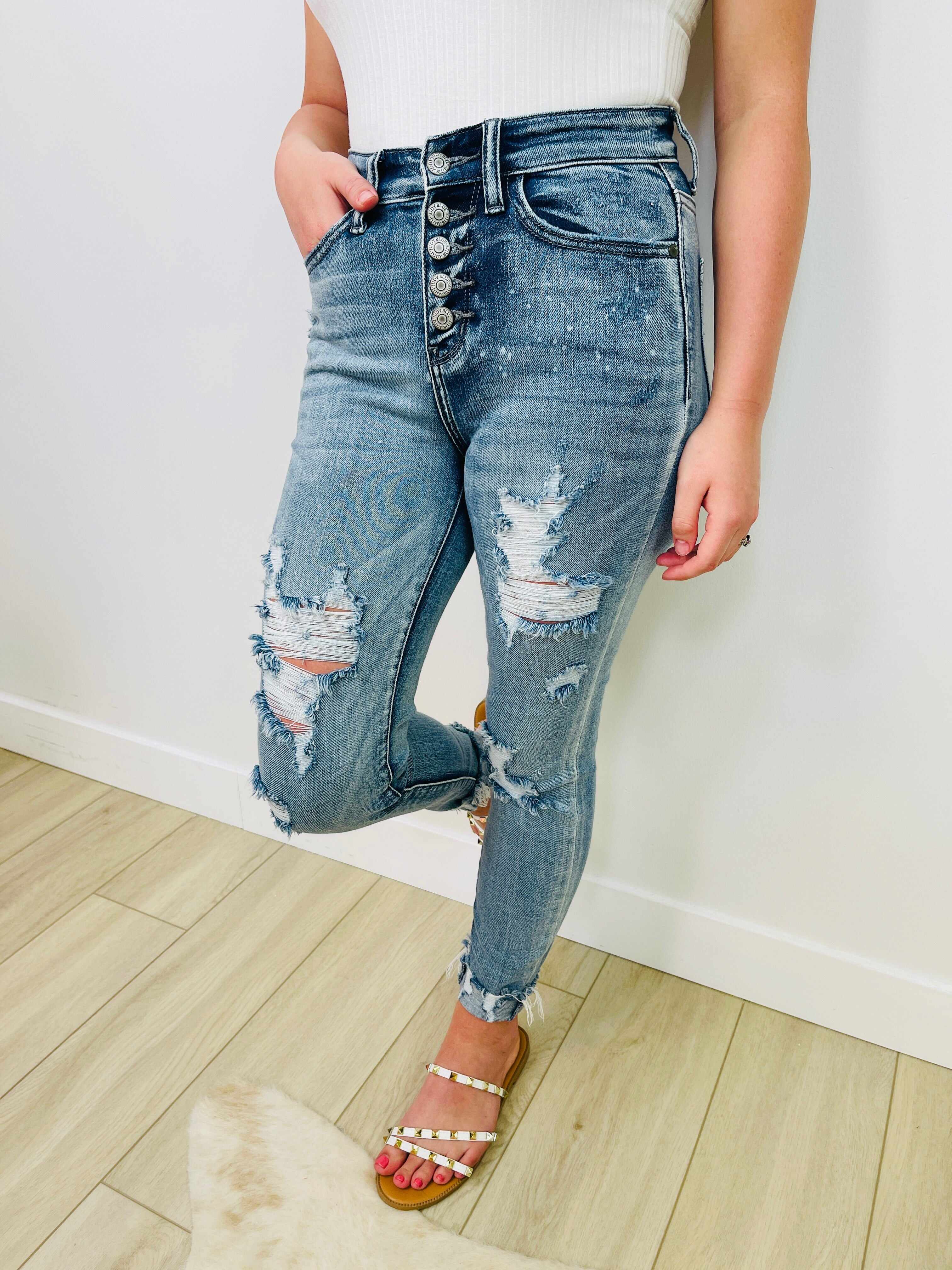 RESTOCK PLUS/REG Not A Basic Bleach Splatter Button Fly Skinny Jeans