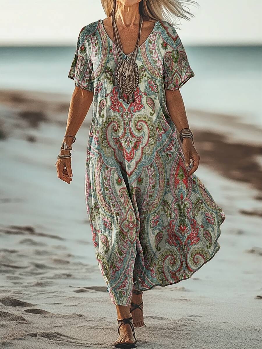 Women's Vintage Ethnic Totem Flower Art Print V Neck Pocket Cotton Dress