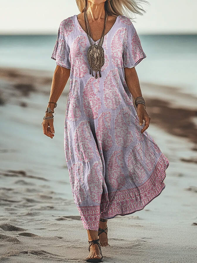 Women's Art Floral Hippie Vintage Print V Neck Dress