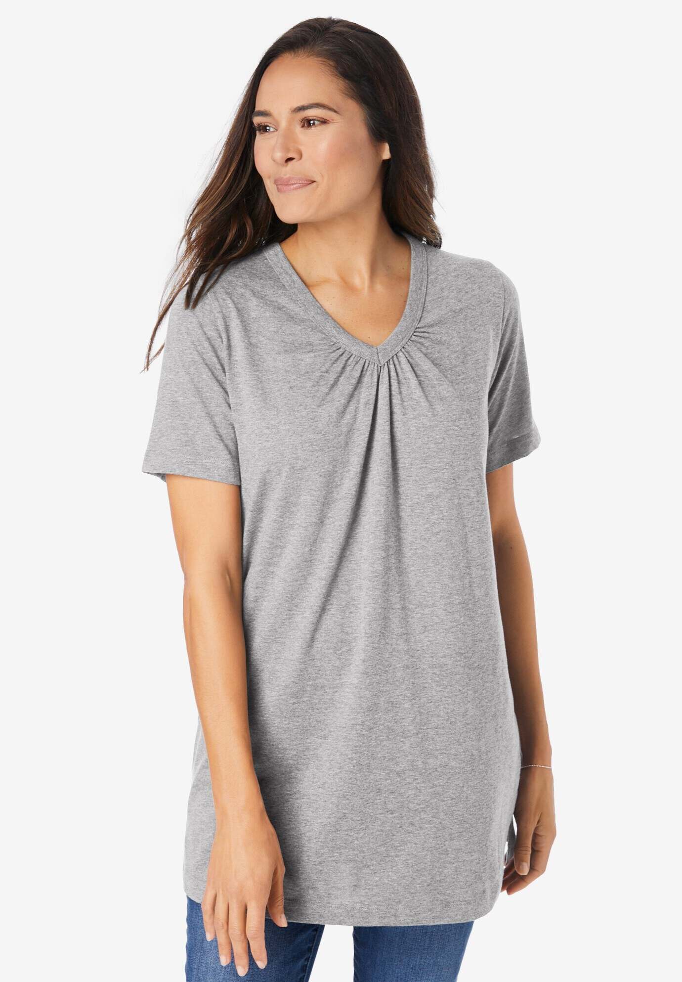 Perfect Short-Sleeve Shirred V-Neck Tunic