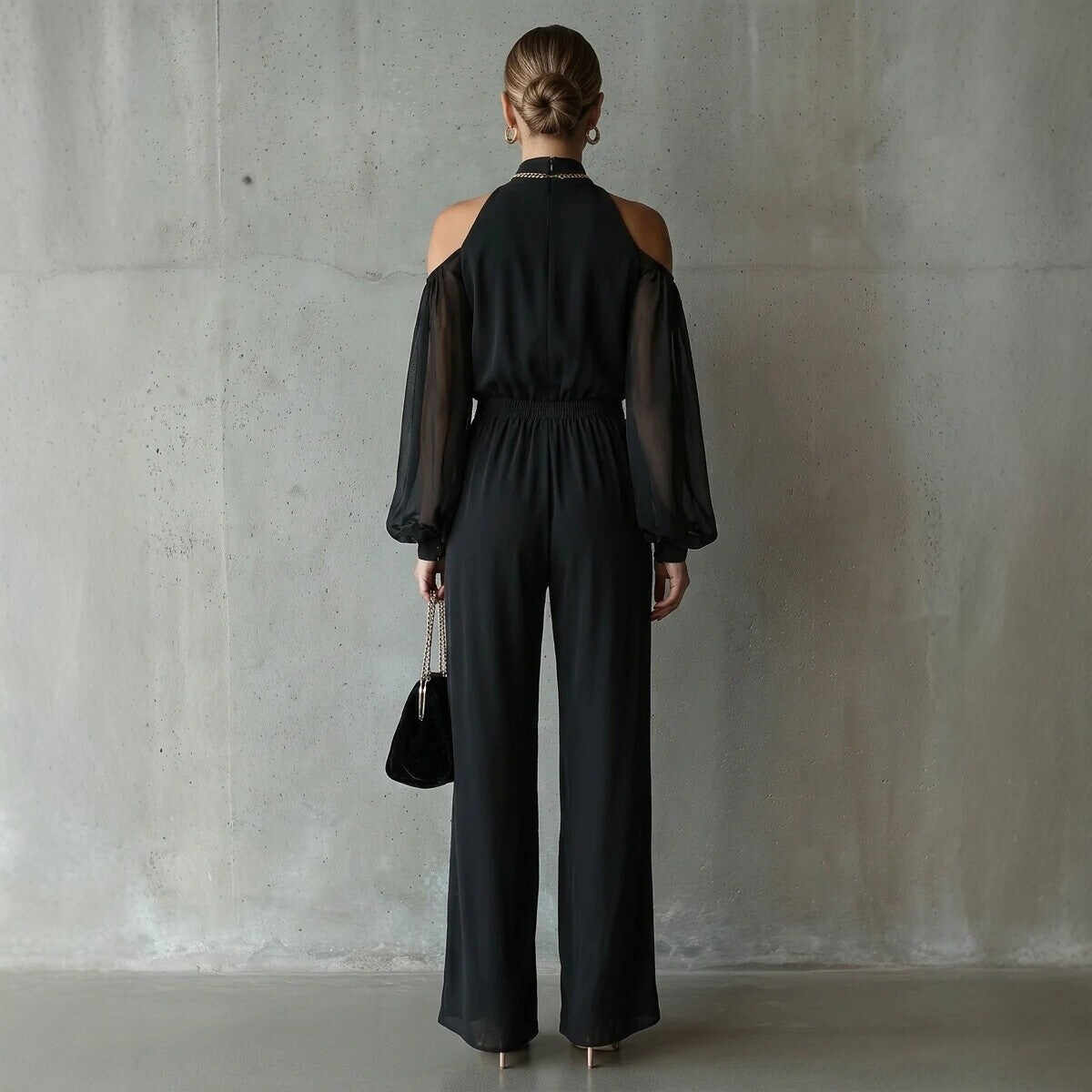 Black Embroidered Women'S Long-Sleeved Jumpsuit
