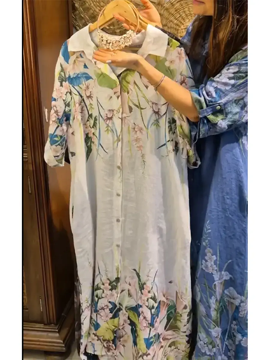 🔥Summer Arrivals🌟Women's Loose Casual Floral Print Cotton Linen Shirt Dress