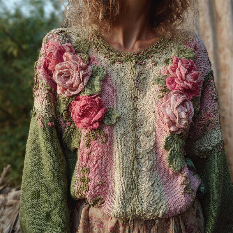 Cottage Pink Roses Crochet Embroidered Colorblock Cozy Sweater