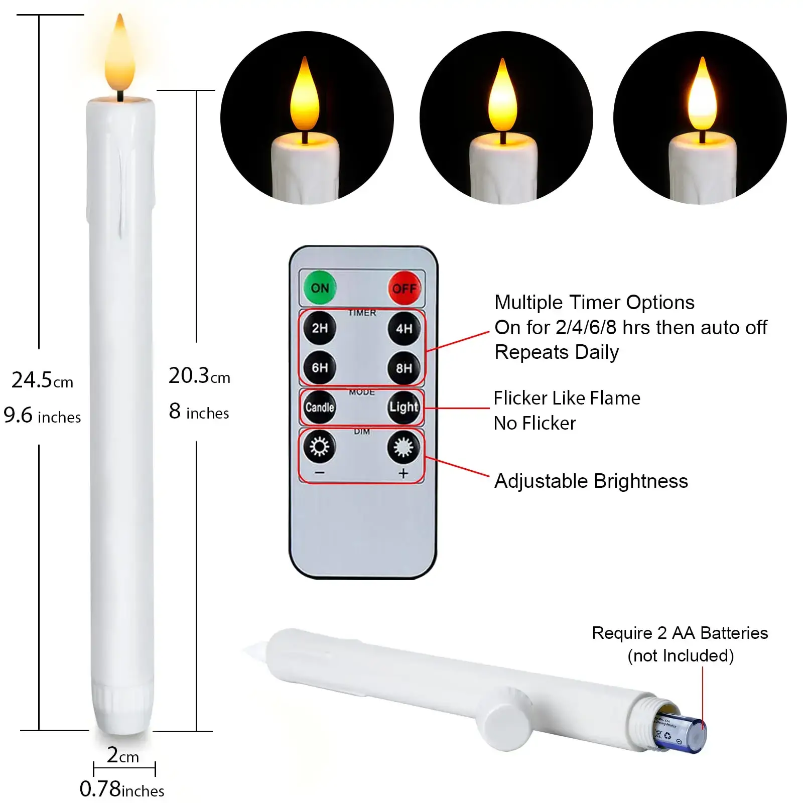 Plastic Flameless Taper Candles 12 Pcs with Remote Timer Dimmer, White Taper Candles, Battery Operated, Flickering Flame Light, Indoor Decoration Tapered Shape christmas hauls Decorative Lighting Brightness Dimmable Nightlight Bedroom