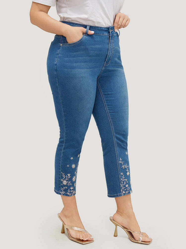 Very Stretchy High Rise Medium Wash Embroidered Hem Jeans