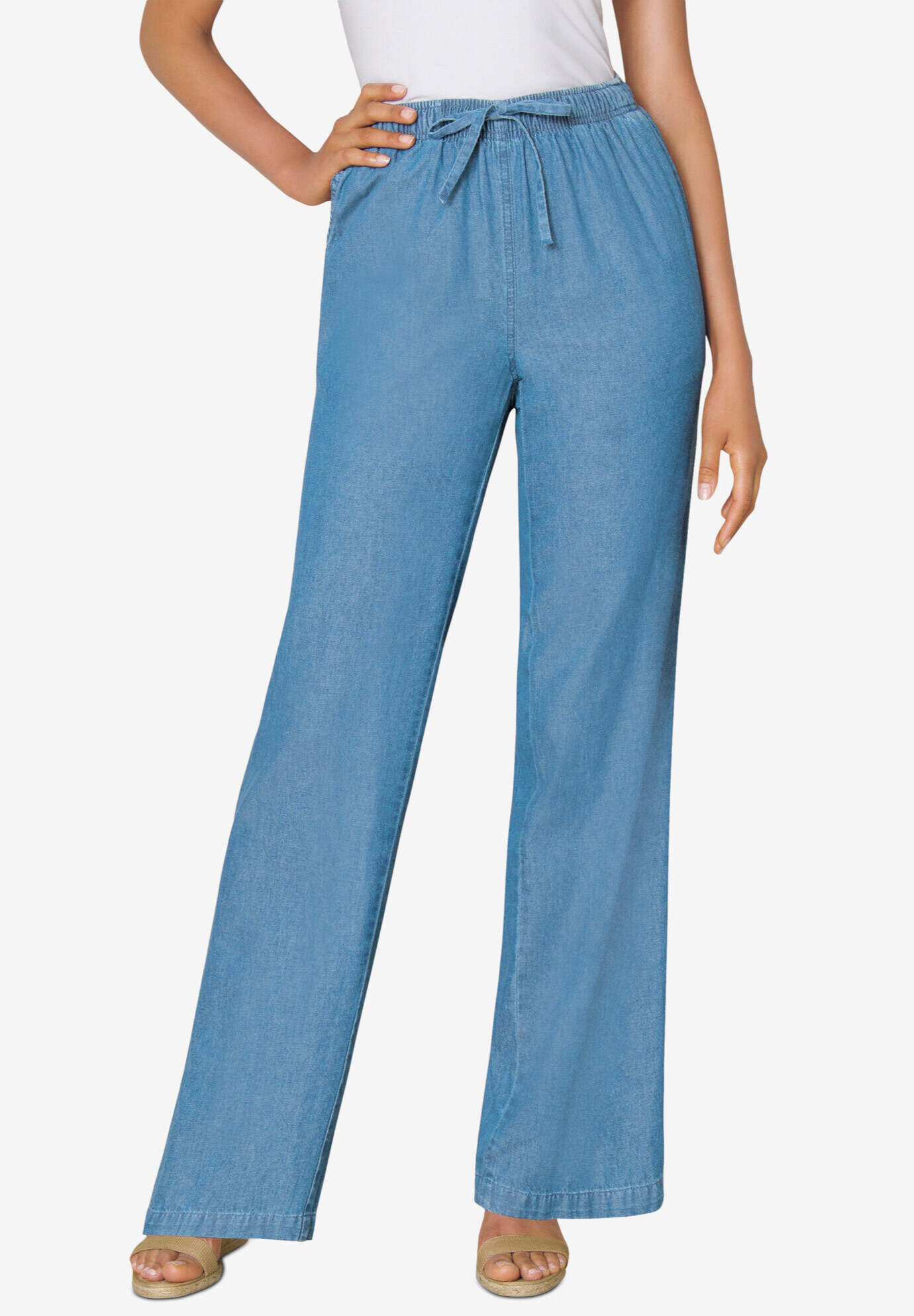 Drawstring Denim Wide-Leg Pant
