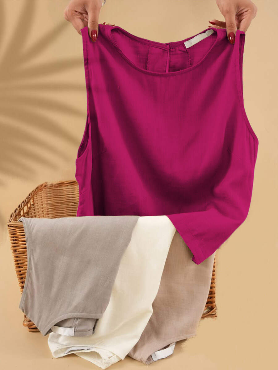 🔥Summer Arrivals🌟Women's Solid Color Round Neck Sleeveless Casual Linen Vest Top
