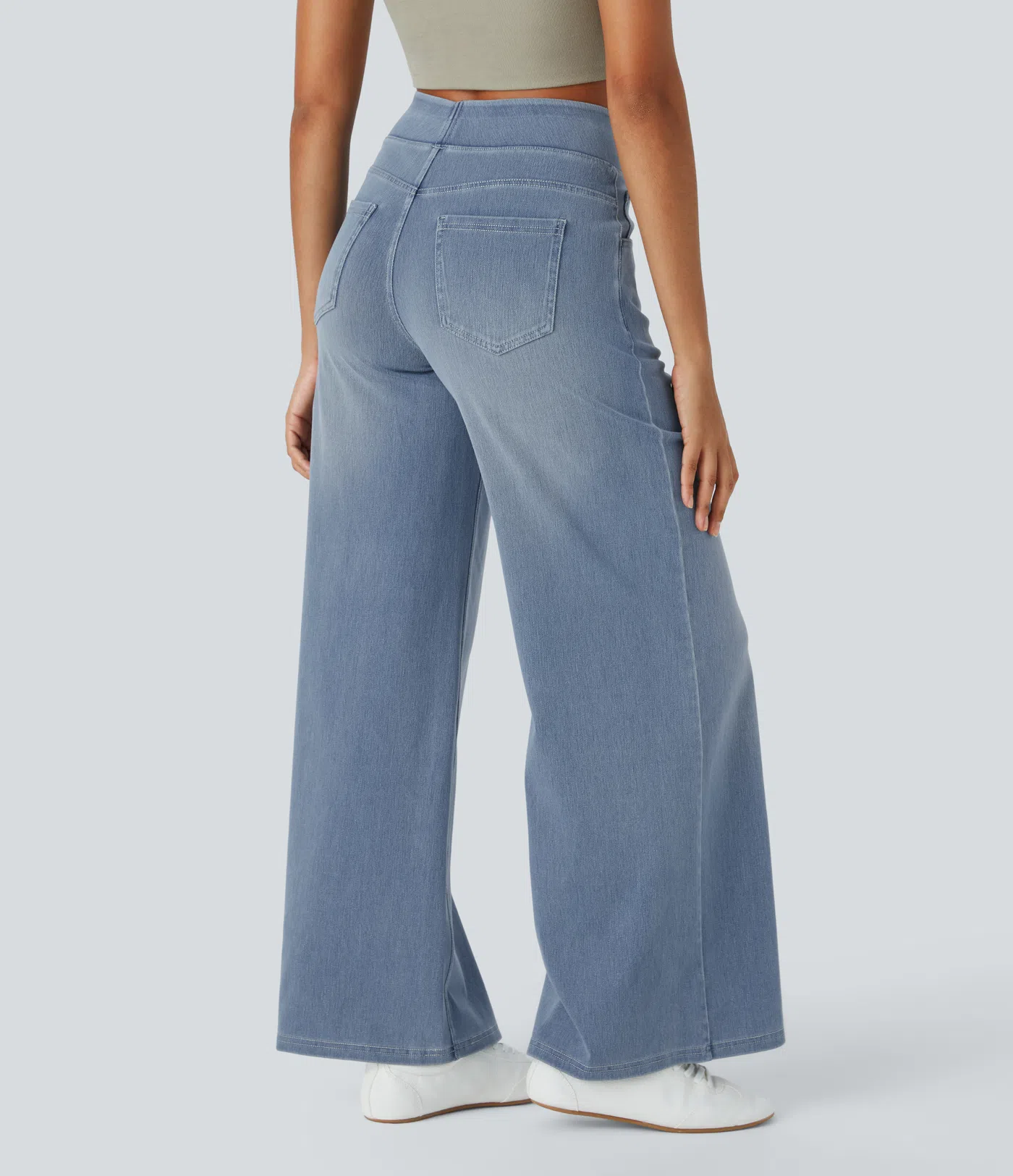💝Last day promotion⚡High Waisted Multiple Pockets Baggy Wide Leg Washed Stretchy Knit Casual Jeans