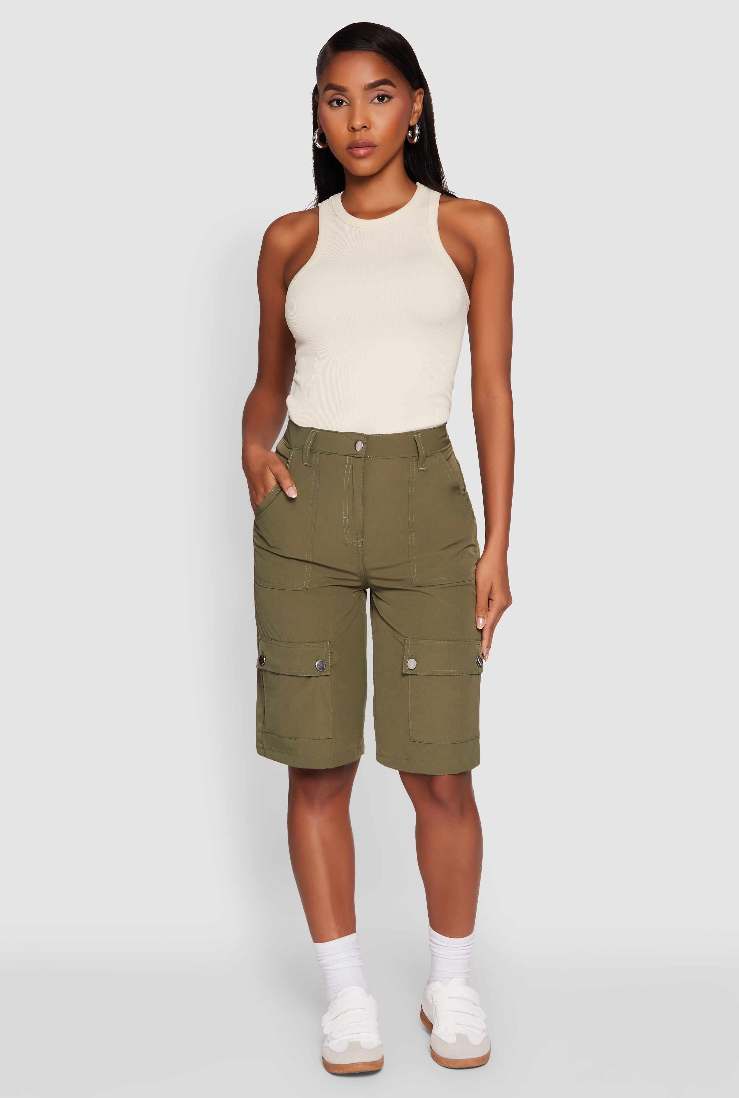Trendy High Waisted Nylon Cargo Shorts
