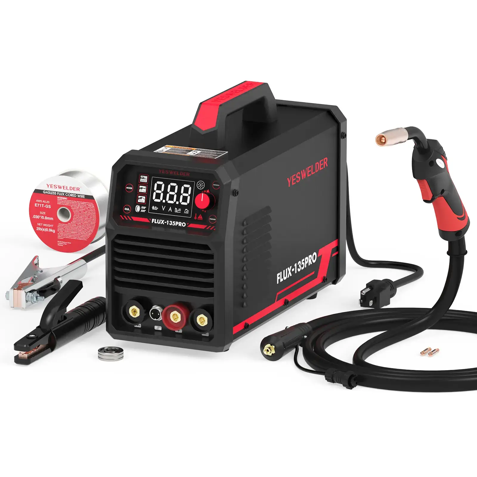 FLUX-135PRO 135Amp 110V Flux Core MIG Welder, Gasless MIG/Lift TIG/Stick 3-in-1 Welding Machine, Digital Display DC IGBT Synergic Control