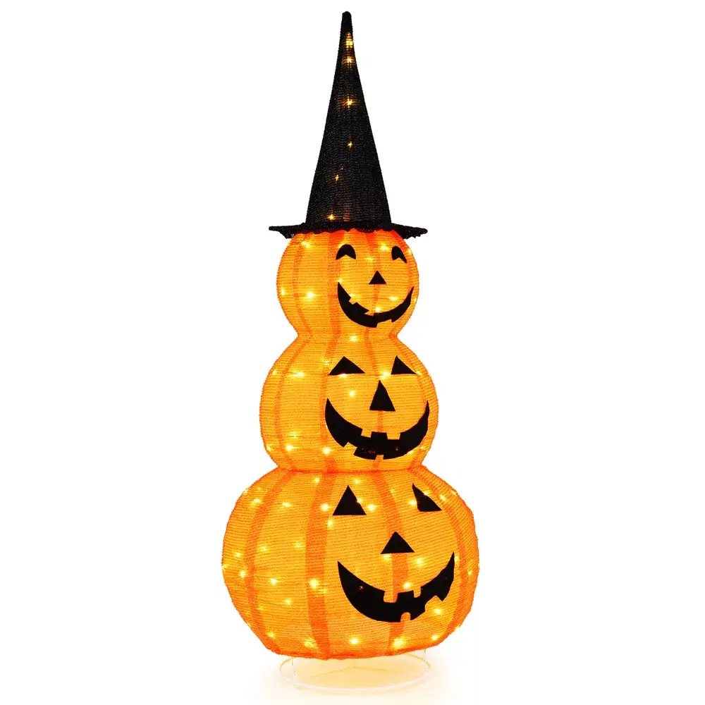 Tangkula Halloween Light Up Pumpkin Decoration Stacked Pumpkins with Witch Hat Build-in LED Lights Pop Up Jack-o-Lantern