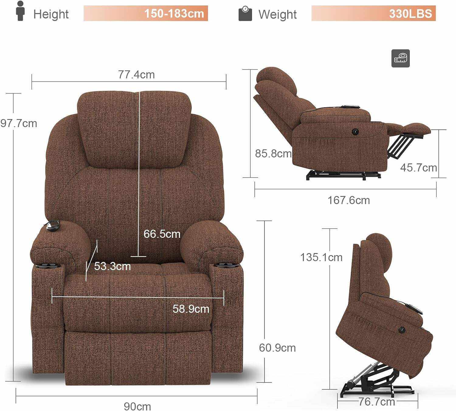 YONISEE Lar2ge Lift Chairs Recliner for Elderly - Power Fabric Lift Chair Modern with Massage and Heat, Extended Footrest, 3 Positions, 2 Side Pockets, and Cup Holders, USB Ports, Coffee Color