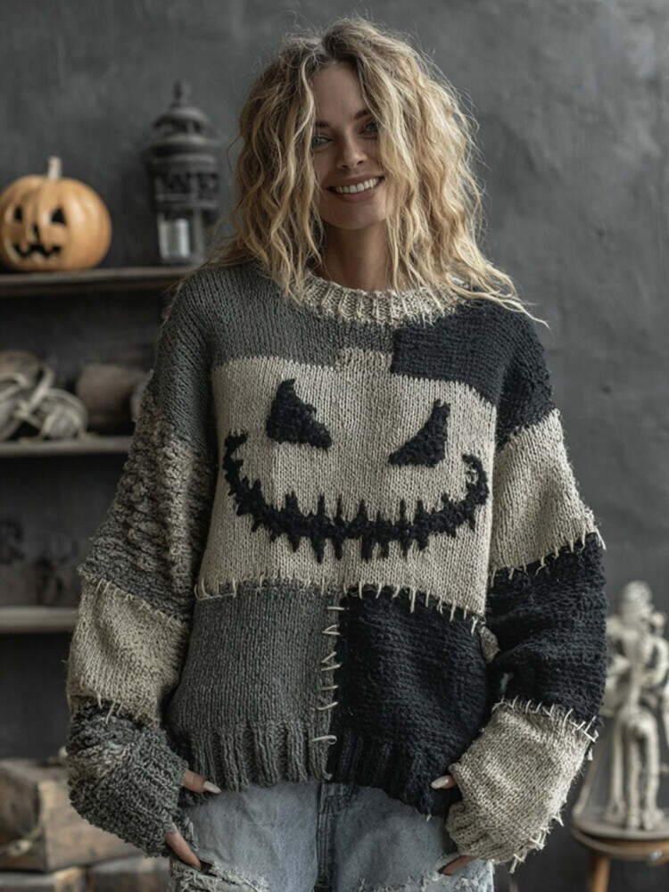 Halloween Pumpkin Face Patchwork Art Cozy Knit Sweater