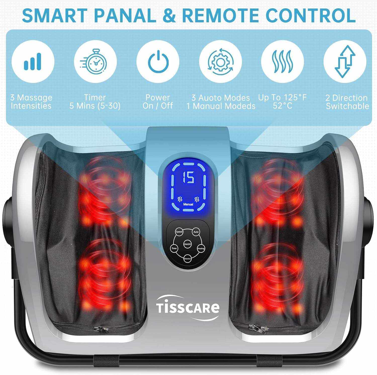 TiSSCARE Shiatsu Massage Foot Massager Machine - Improves Blood Flow Circulation, Deep Kneading & Tissue with Heat/Remote, Neuropathy, Plantar Fasciitis, Diabetics, Pain Relief