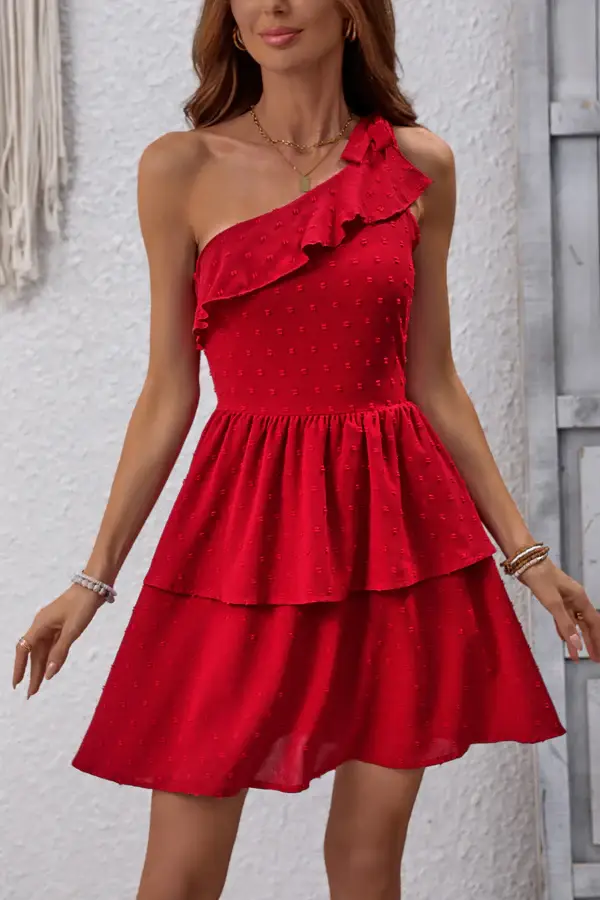 One Shoulder Ruffle Solid Color Casual Dress
