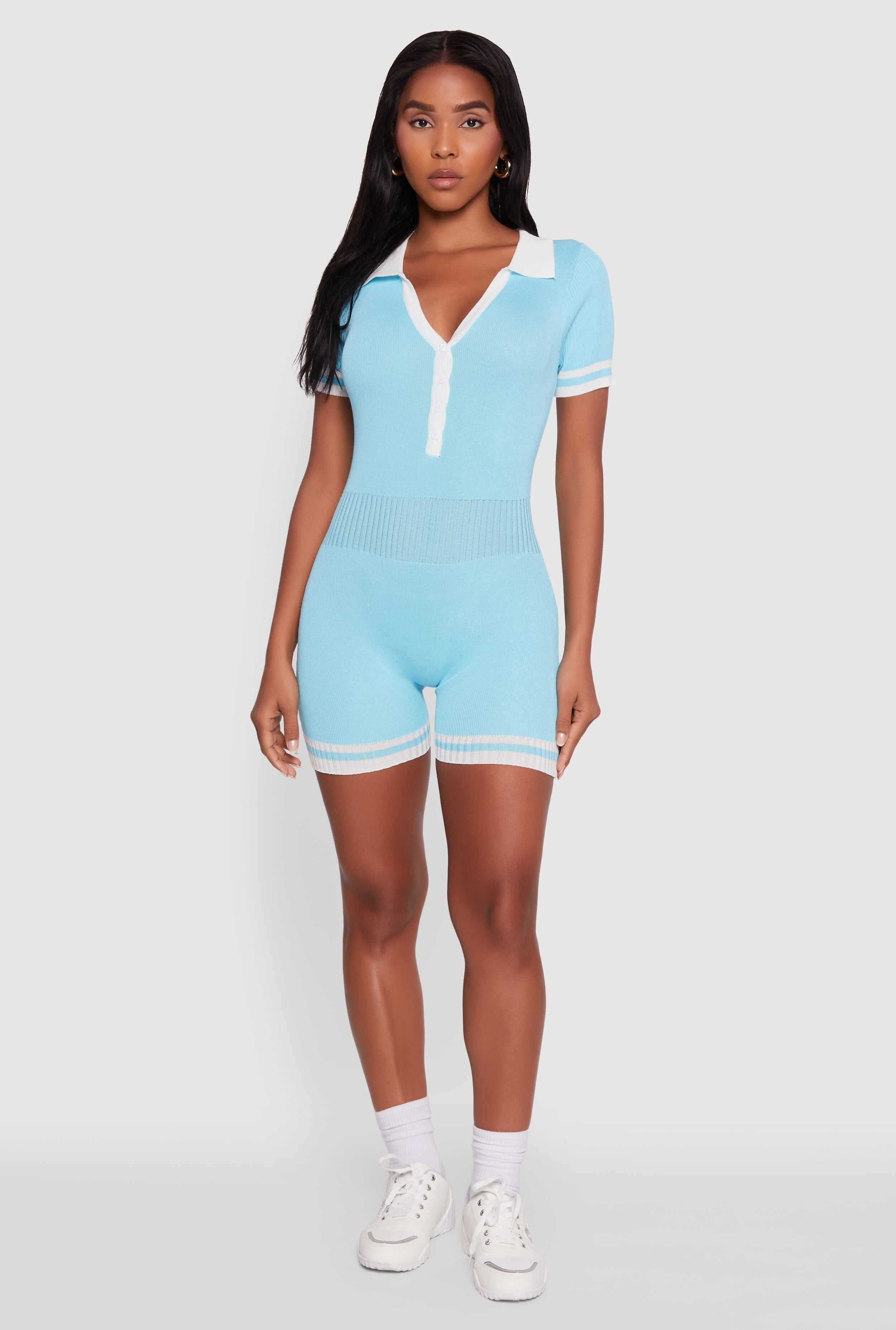 Daisy Ribbed Knit Varsity Stripe Button Front Romper
