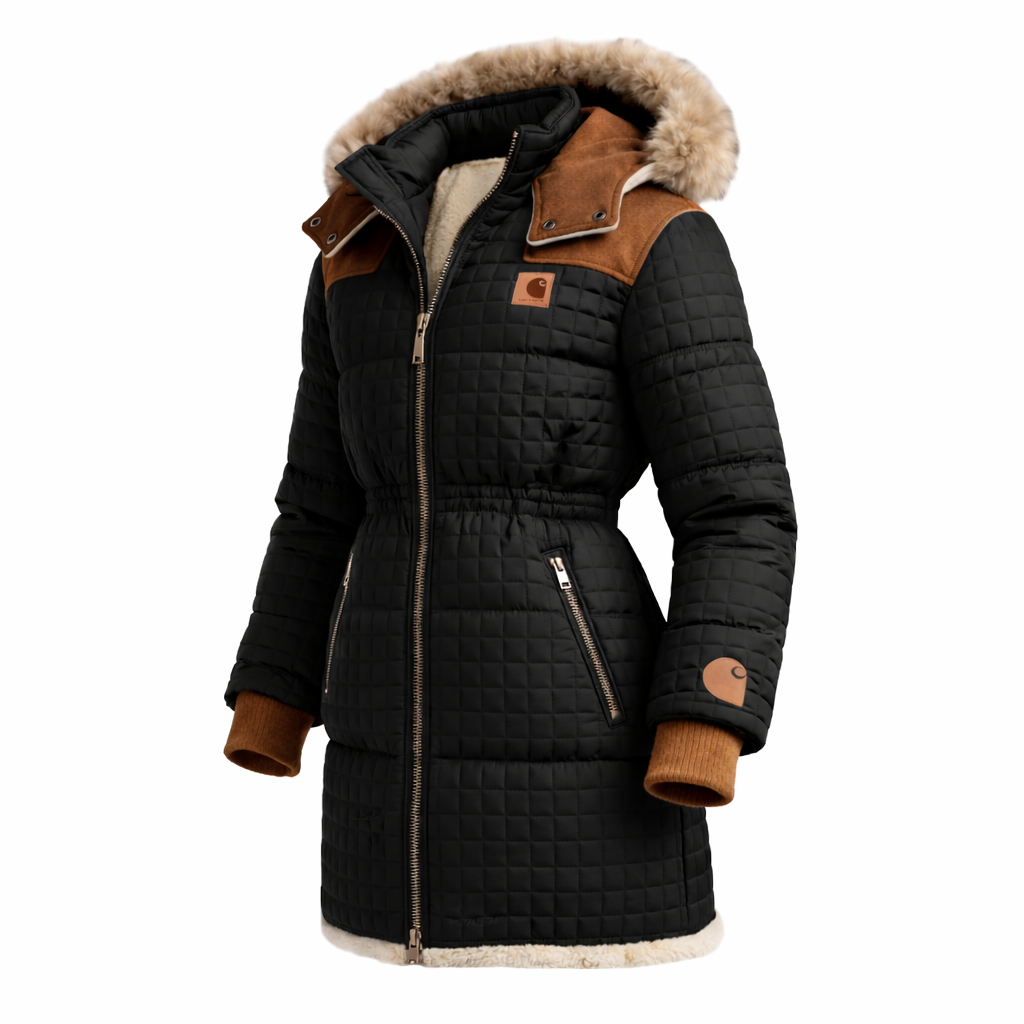 Women's Waffle Contrast Suede Collar Hooded Mid-Length Jacket