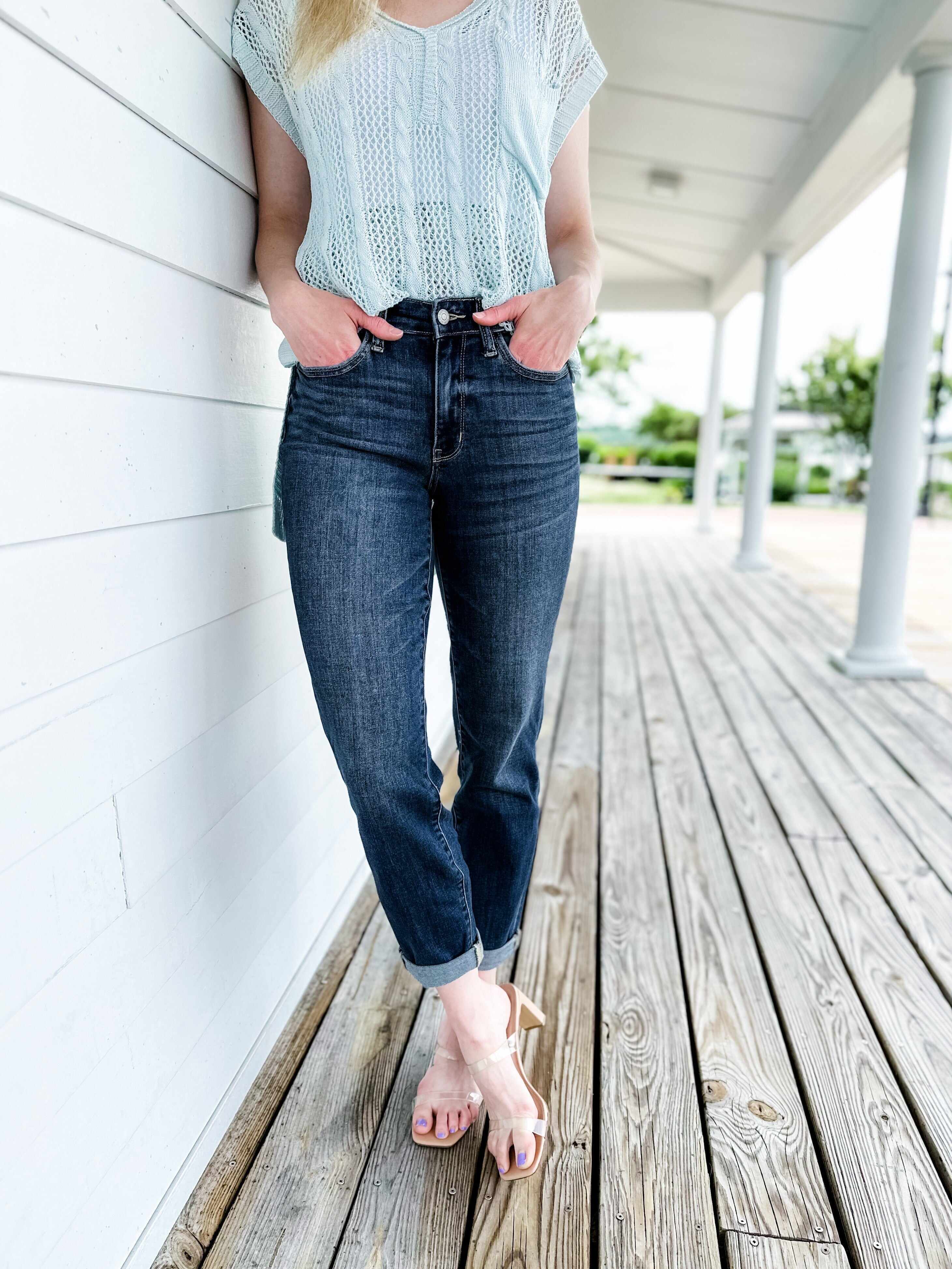 🔥Hot Sales🔥My Favorite Boyfriend Mid Rise Dark Wash Non Distressed Cuffed Boyfriend Jeans