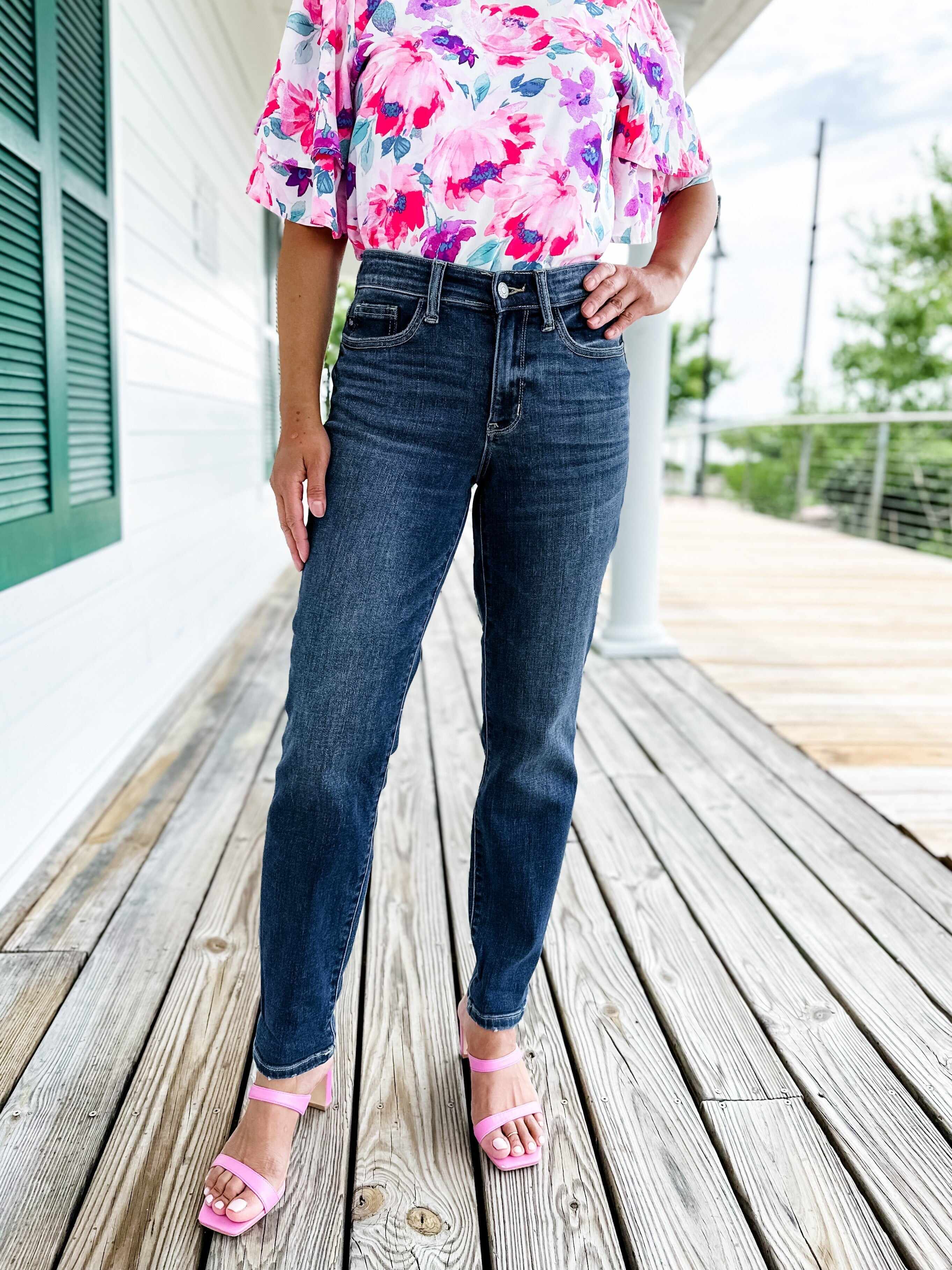 🔥Hot Sales🔥My Favorite Boyfriend Mid Rise Dark Wash Non Distressed Cuffed Boyfriend Jeans