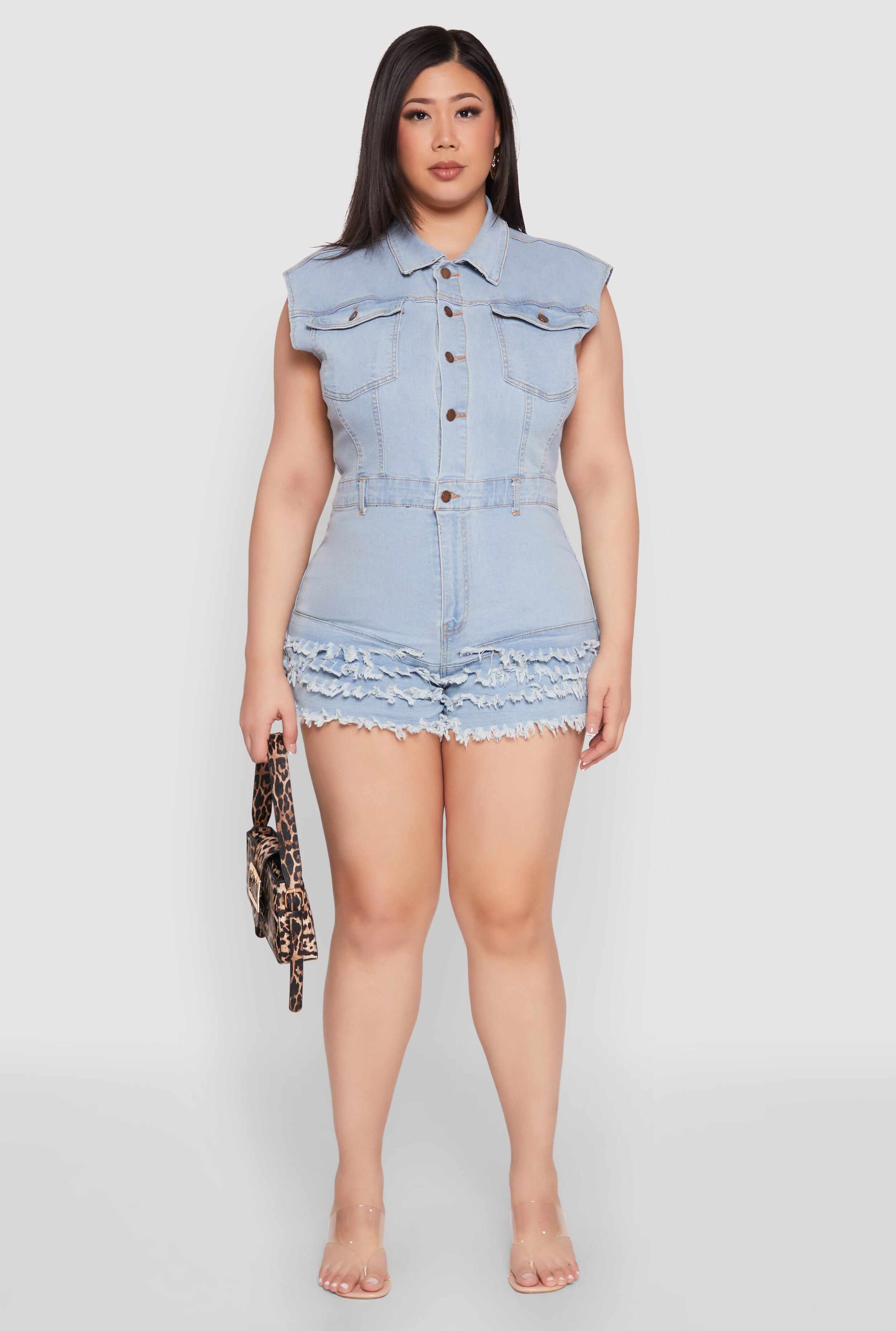 Plus Size Daisy Frayed Tiered Hem Denim Romper