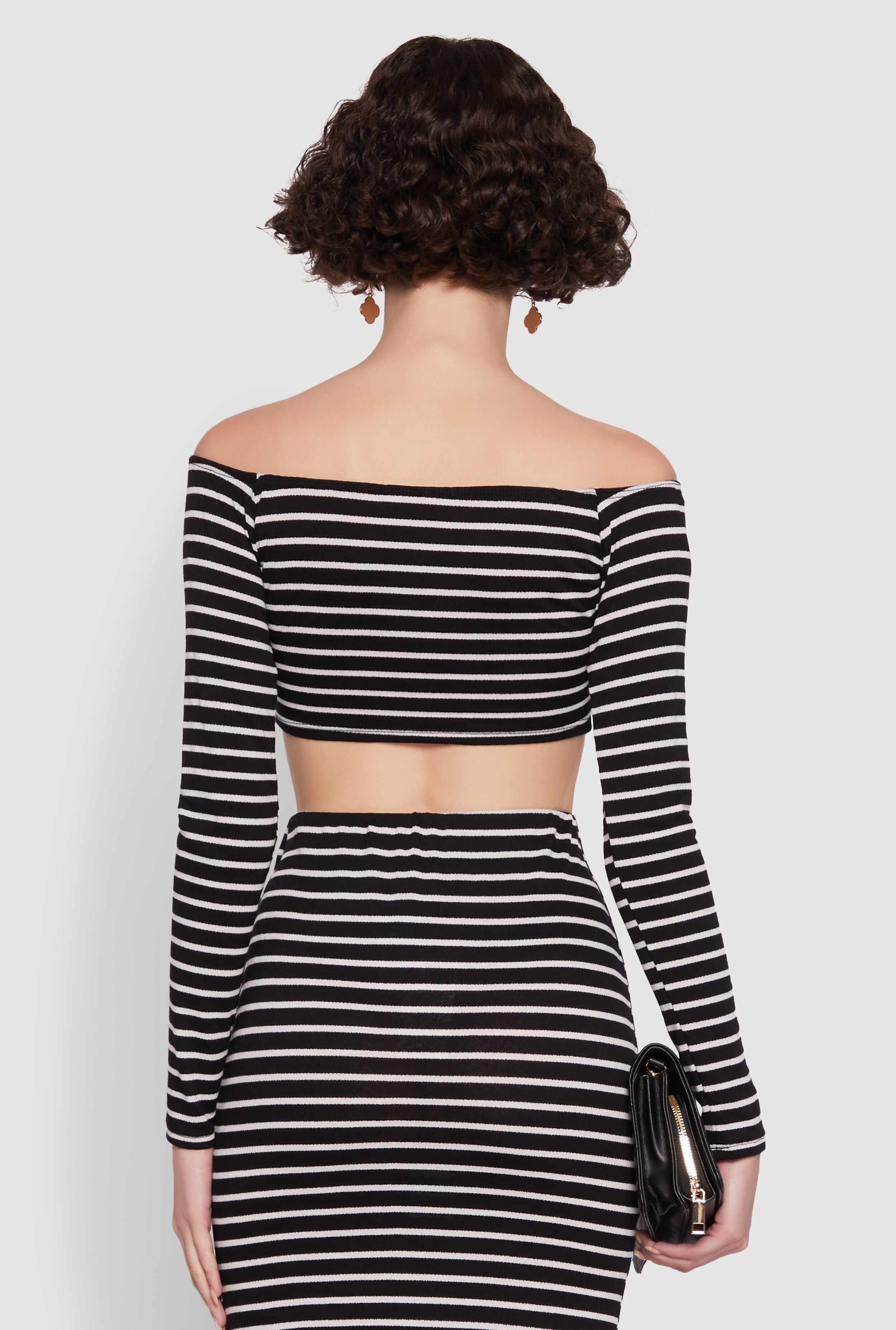 Chic Striped Off Shoulder Long Sleeve Top with Ruching and Cropped Hem