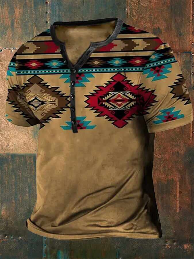 Men's Casual Button Neck Print Short Sleeve T-Shirt