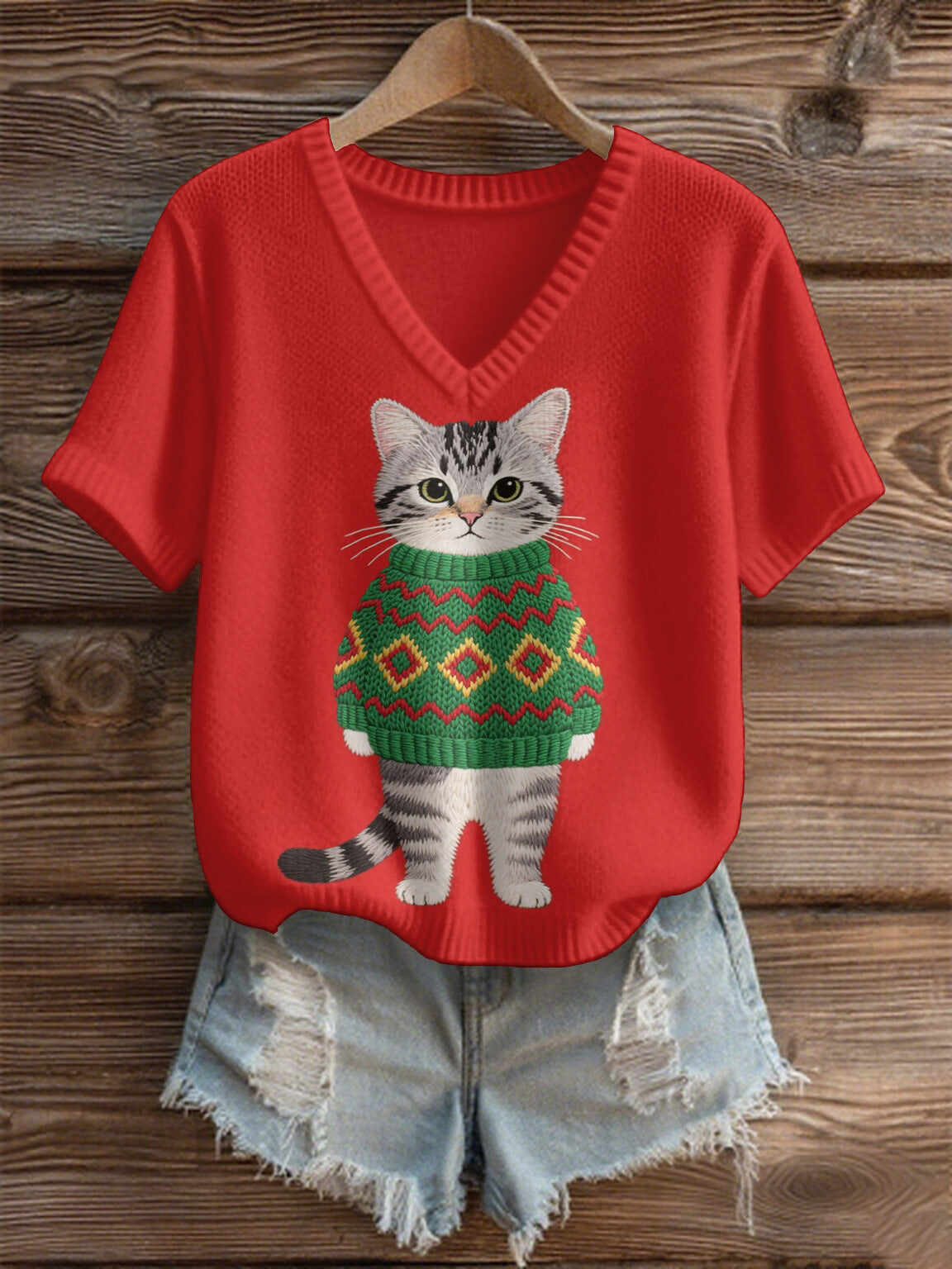 Imitation Sweaters Women's Clothing Short Sleeve V-neck Loose Top