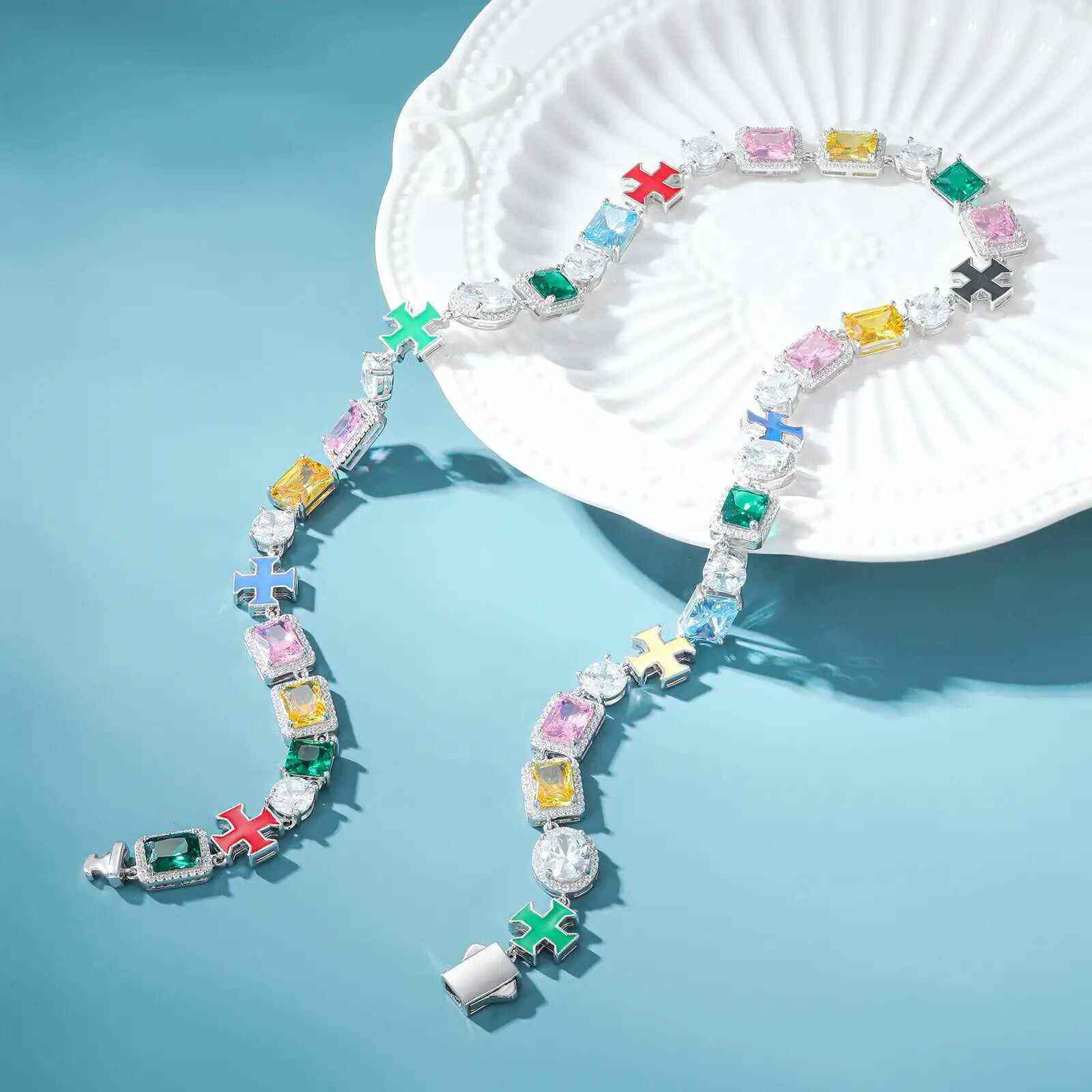 TestTest 10mm S925 Moissanite Enamel Cross Colorful Gemstone Tennis Chain