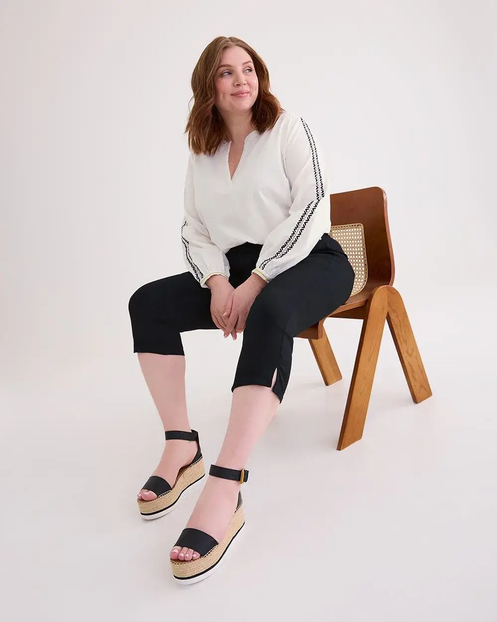 Long-Sleeve Split-Neck Blouse with Embroidery Detail
