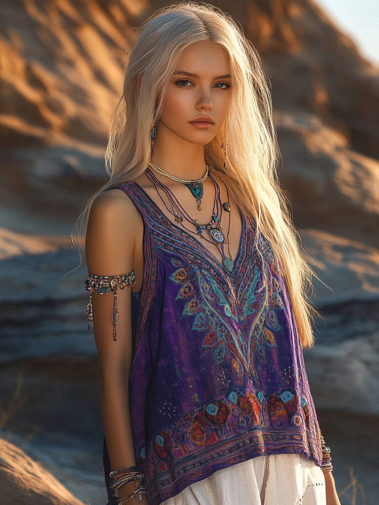 Women's Retro Floral Ethnic Style Bohemia Linen V-neek Sleeveless Top