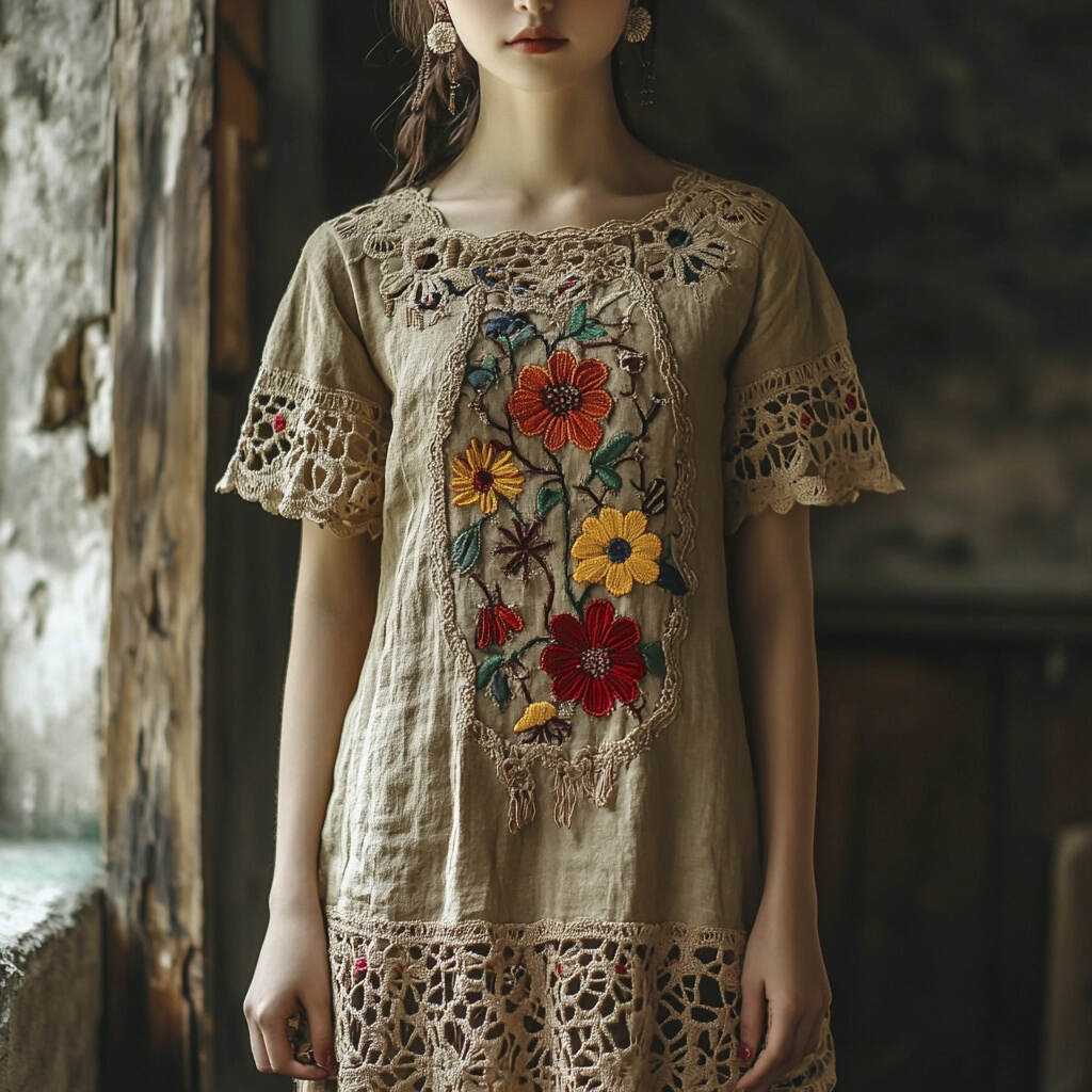Vintage Lace Floral Embroidery Women's Linen Dress