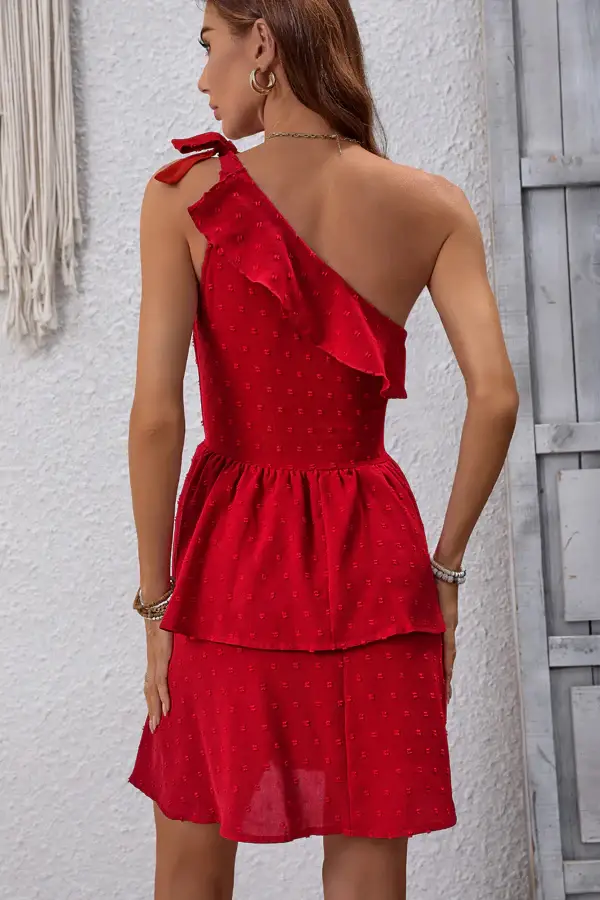 One Shoulder Ruffle Solid Color Casual Dress
