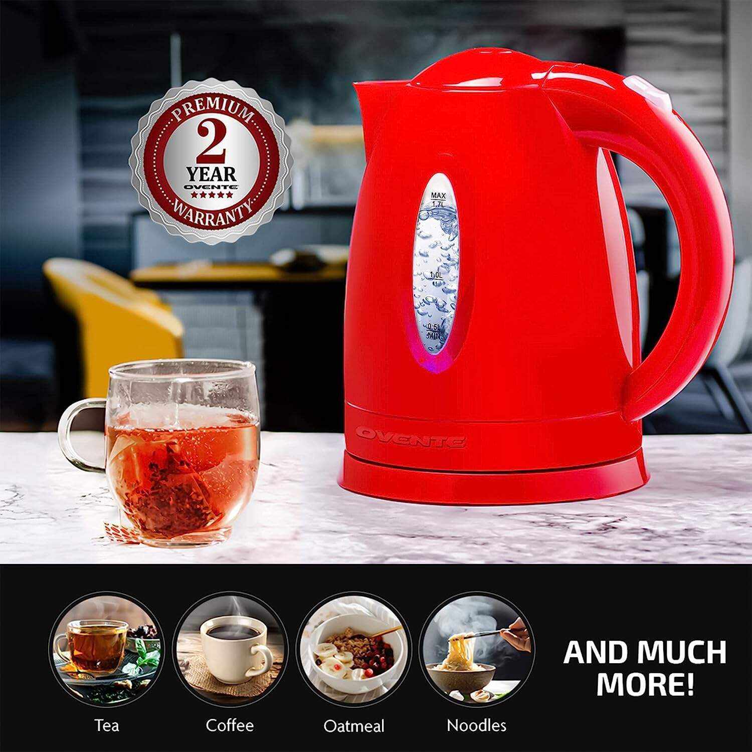 OVENTE Electric Kettle Hot Water Heater 1.7 Liter - BPA Free Fast Boiling Cordless Water Warmer - Auto Shut Off Instant Water Boiler for Coffee & Tea Pot - White KP72W