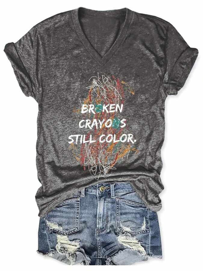 V-neck Retro Broken Crayons Still Color Print T-Shirt