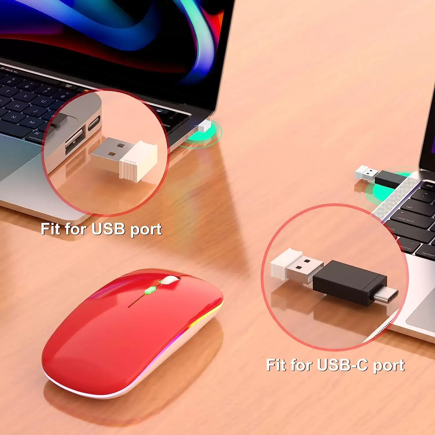 [Upgrade] LED Wireless Mouse, Slim Silent Mouse 2.4G Portable Mobile Optical Office Mouse with USB & Type-c Receiver, 3 Adjustable DPI Levels for Notebook, PC, Laptop, Computer, MacBook (Pink)
