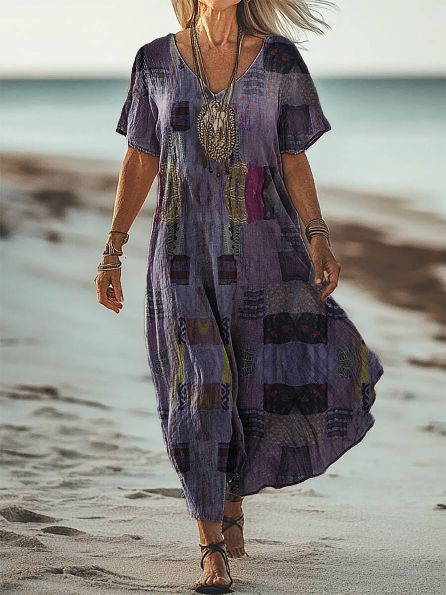 Women's Vintage Patchwork Art Patterns Print Short Sleeve Pocket Cotton Linen Dress